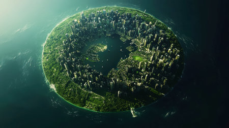 Captivating aerial view of a circular city with green spaces surrounded by water, showcasing a harmonious blend of urban and natural environments.の素材