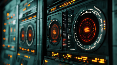 Explore a futuristic console interface featuring glowing elements and intricate designs. Perfect for themes of technology and digital innovation.の素材