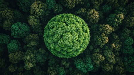 An aerial view of a vibrant green tree surrounded by a dense forest showcases the beauty of nature, emphasizing tranquility and ecological diversity.の素材