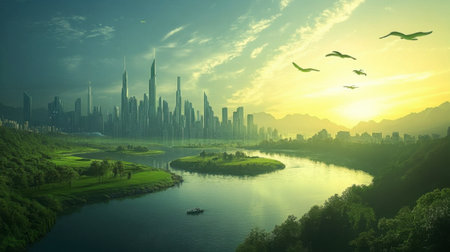 A breathtaking view of a futuristic city skyline surrounded by lush nature and a tranquil river. This serene landscape captures the harmony between urban development and the beauty of the outdoors.の素材