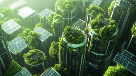 Aerial view of a futuristic urban landscape showcasing buildings adorned with lush greenery and solar panels, emphasizing ecological sustainability and innovation.の素材