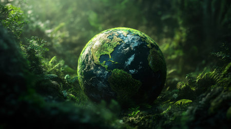 A captivating globe of Earth nestled in vibrant greenery, showcasing nature's beauty and the connection between our planet and its lush surroundings.の素材