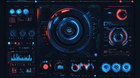 A high-tech user interface featuring intricate data visualizations, vibrant colors, and modern design elements. Perfect for technology and analytics themes.の素材