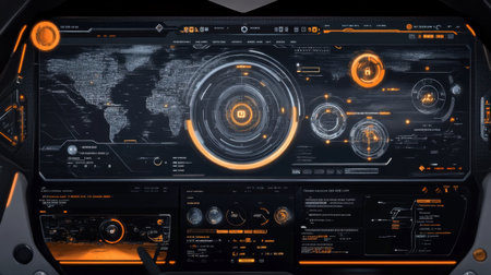 Explore a futuristic dashboard interface showcasing a global map and data analytics. The vibrant orange and black design emphasizes technology and innovation.の素材