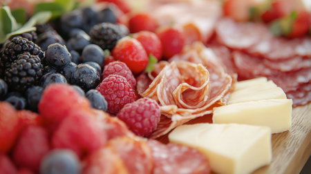 A vibrant charcuterie board featuring an assortment of fresh fruits, cheeses, and cured meats, perfect for gatherings and meals. Ideal for food photography.の素材