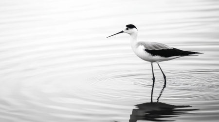 A stunning black and white image of an elegant bird standing gracefully in calm water, creating gentle ripples that mirror its serene presence.の素材