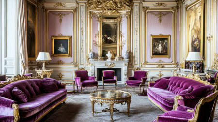 A stunning vintage interior showcasing elegant purple furniture, intricate gold detailing, and classic artwork, creating a regal and luxurious atmosphere.の素材