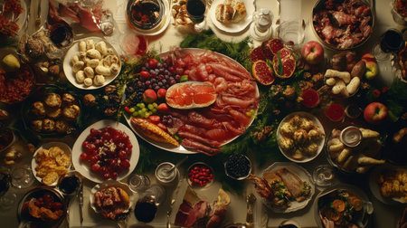 A lavish spread of diverse food items showcasing meats, fruits, and desserts, perfect for celebratory gatherings and festive occasions.の素材