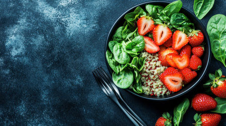 Vibrant bowl of spinach, strawberries, and quinoa, perfect for a nutritious meal. Ideal for summer dining, healthy eating, and food photography.の素材