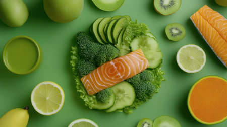 A vibrant arrangement of fresh ingredients on a green background featuring salmon, broccoli, cucumber, and various fruits, ideal for health-focused culinary uses.の素材
