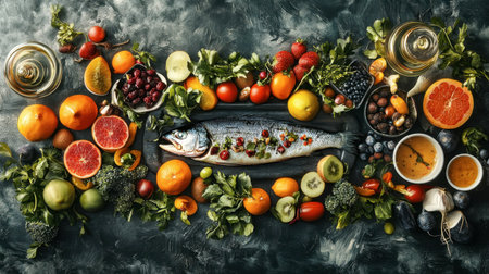 A visually appealing arrangement of fresh seafood with vibrant vegetables and fruits, perfect for healthy meal preparation. Ideal for culinary inspiration.の素材