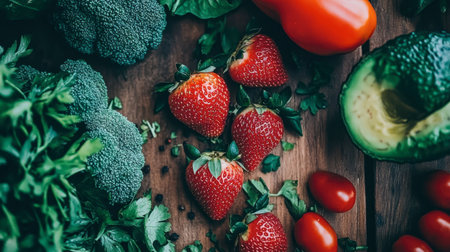 Vibrant collection of fresh vegetables and fruits arranged artistically on a wooden table, showcasing health, color, and natural beauty perfect for culinary inspiration.の素材