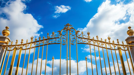 A stunning view of an ornate golden gate set against a vibrant blue sky with fluffy clouds, capturing a sense of elegance and grandeur in architecture.の素材