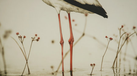 A graceful bird stands on slender legs in calm water, surrounded by delicate flowers. The scene captures the essence of tranquility and natural beauty.の素材