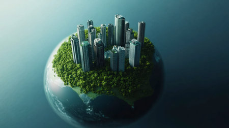 A stunning view of a modern city on a green globe, blending urban development with nature. This image symbolizes sustainability and ecological balance in contemporary architecture.の素材
