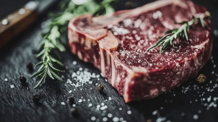 A fresh cut steak seasoned with salt and garnished with rosemary on a dark slate surface. Perfect for culinary creations and gourmet dishes.の素材
