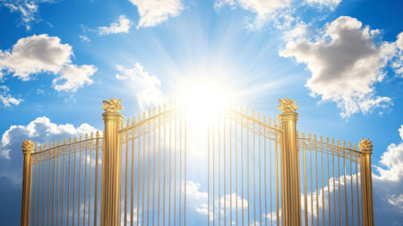 A stunning image of elegant golden gates shining under a bright sky, symbolizing hope and spirituality. Perfect for themes of peace and inspiration.の素材
