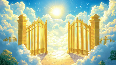 An enchanting scene featuring golden gates amidst fluffy clouds and a glowing sun, symbolizing hope and serenity. Perfect for spiritual themes or dreamlike visuals.の素材