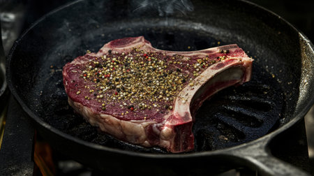 A ribeye steak seasoned with pepper is sizzling in a hot iron skillet, showcasing the cooking process that brings out rich flavors and textures.の素材