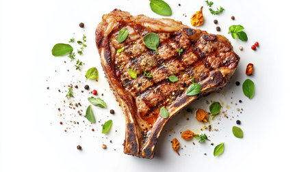 A beautifully grilled steak garnished with fresh herbs and spices, ideal for food lovers and culinary enthusiasts seeking vibrant meal presentations.の素材