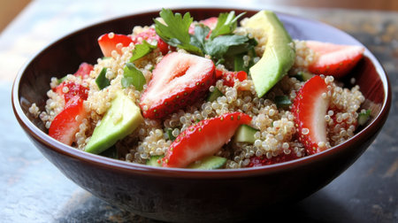 A vibrant bowl of quinoa salad topped with fresh strawberries and avocado slices, perfect for a light meal or a healthy side dish. Enjoy the colorful mix!の素材