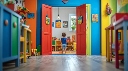A child standing at the threshold of a colorful door, peeking into a lively playroom filled with toys and bright decor.の素材