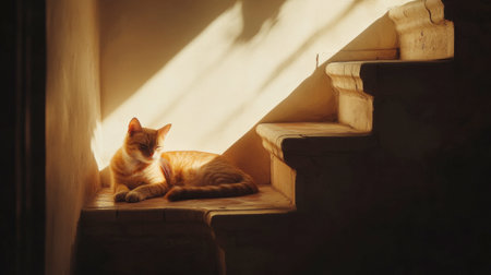 A cat lounging on the steps of a staircase, basking in a patch of sunlight coming through a nearby window.の素材