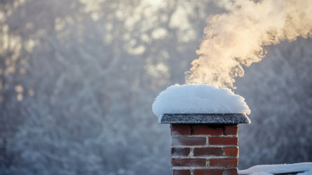 A chimney with smoke rising against the backdrop of a snowy roof, creating a cozy winter scene.の素材