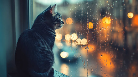 A cat sitting on a windowsill, gazing out at the rainy street below, with raindrops trickling down the windowpane.の素材
