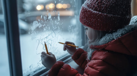 A child drawing on a frosted window during a snowy day, the warmth of the home contrasting with the cold winter scene outside.の素材