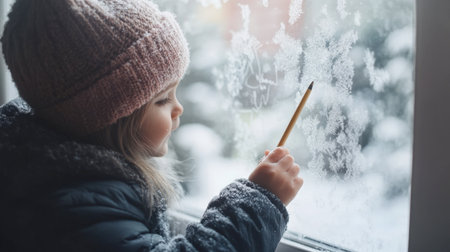 A child drawing on a frosted window during a snowy day, the warmth of the home contrasting with the cold winter scene outside.の素材