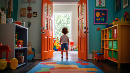 A child standing at the threshold of a colorful door, peeking into a lively playroom filled with toys and bright decor.の素材