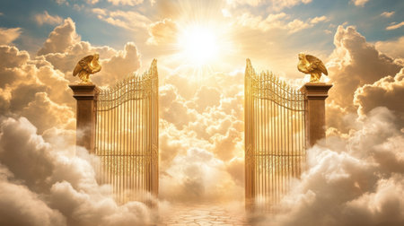 A stunning portrayal of majestic golden gates emerging from fluffy clouds, illuminated by radiant sunlight. Perfect for themes of heaven, spirituality, and tranquility.の素材