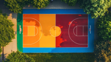 Aerial view of a vibrant basketball court featuring bright colors and surrounded by lush trees, ideal for recreational activities and community sports.の素材