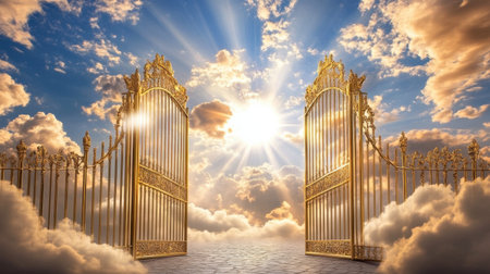 A stunning view of majestic golden gates opening to a luminous sky. Soft clouds surround the gates as sunlight cascades through, evoking feelings of peace and serenity.の素材