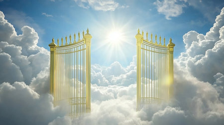 Experience the beauty of golden gates emerging from fluffy clouds, illuminated by soft sunlight in a serene sky, creating a heavenly atmosphere.の素材