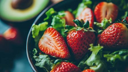 A vibrant bowl filled with fresh strawberries and greens, ideal for a healthy meal or snack. Perfect for summer vibes and nutritious eating.の素材