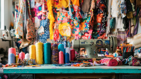 A craft table covered in colorful fabrics, scissors, thread, and a sewing machine, showcasing a vibrant, creative environment.の素材