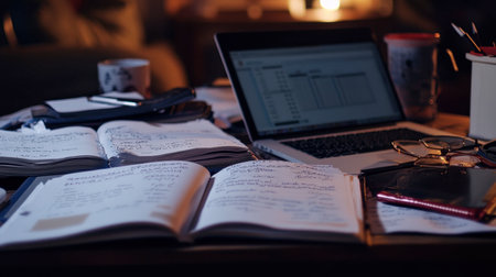 A messy study table with open textbooks, a laptop, and handwritten notes, depicting the life of a busy student.の素材
