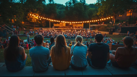 A group of friends sitting on the steps of an outdoor amphitheater, enjoying a concert under the stars.の素材