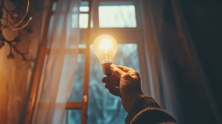 A hand reaching up to change a light bulb, with a ladder in the background and natural light streaming in from a nearby window.の素材