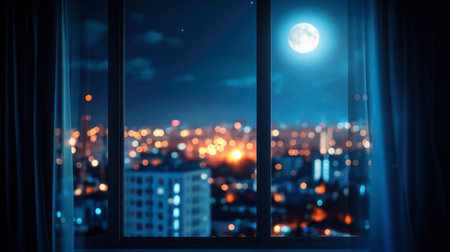 A night view of the city through a window, with lights twinkling in the distance and the moon shining brightly above.の素材