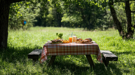 A picnic table in a park, set with a checkered tablecloth, sandwiches, fruits, and drinks, surrounded by green grass and trees.の素材