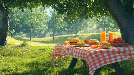 A picnic table in a park, set with a checkered tablecloth, sandwiches, fruits, and drinks, surrounded by green grass and trees.の素材