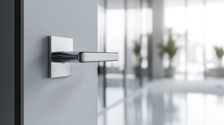 A close-up of a modern door handle, sleek and minimalist, with soft reflections of the surrounding room.の素材