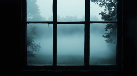 A foggy morning view through a mist-covered window, with silhouettes of trees barely visible in the distance.の素材