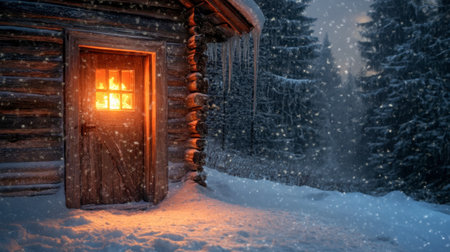 A door to a cozy mountain cabin, slightly open, revealing a warm, inviting fire burning inside on a snowy winter day.の素材