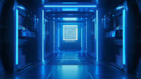 A futuristic, automated door opening into a high-tech laboratory, with sleek, modern design elements and glowing blue lights.の素材