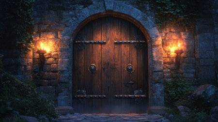 A heavy wooden door with iron studs, leading to a medieval castle, with a torch-lit path visible just beyond the entrance.の素材