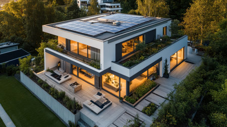 A drone's perspective of a modern house with a flat roof, featuring solar panels and a small rooftop garden.の素材